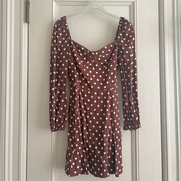 NWOT Reformation Mochi dress, long sleeve brown polka dot - Picture 2 of 6